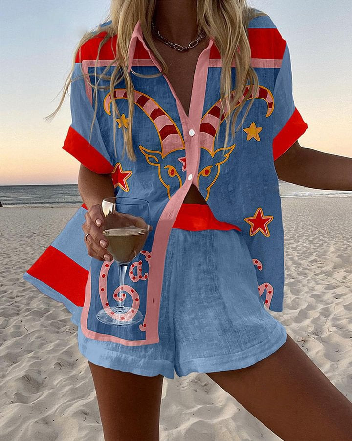 Jorelle™ | Korte linnen set met geitenprint