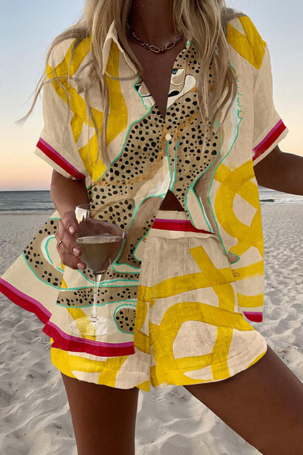 Casima™ | Korte set van linnen met panterprint