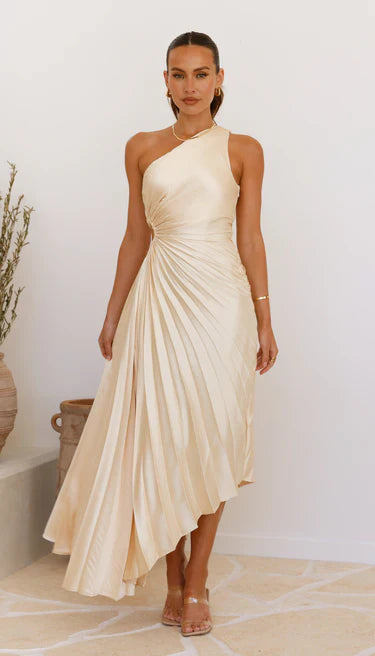 Sylviana - Een-Schouder Plissé Midi-Jurk